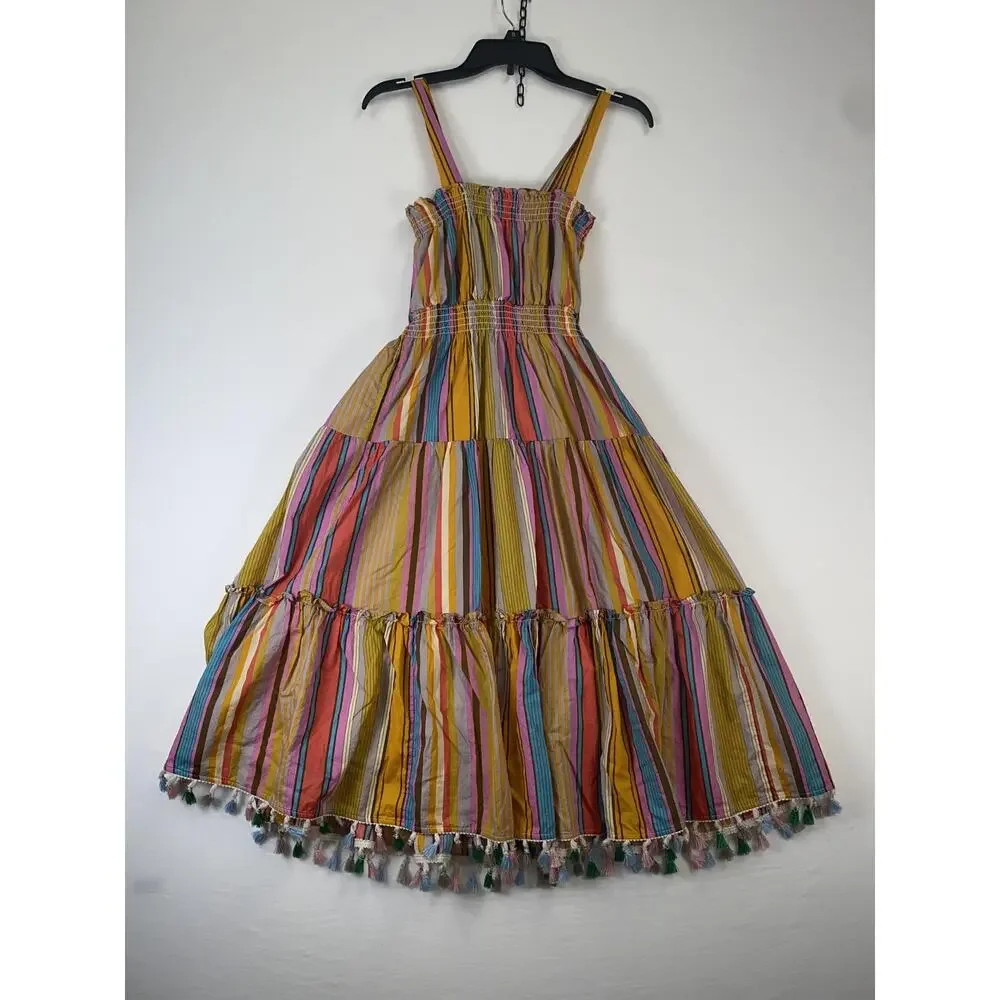 Tahari ASL Dress Womens 4 Multicolor Stripe Tiered Maxi Tassel Hem Sundress Boho - Picture 2 of 6